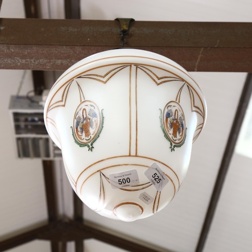 525 - An early 20th century pendant light fitting, with painted glass shade and copper mounts, shade lengt... 