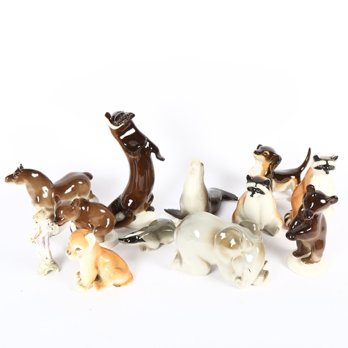 579 - A group of USSR porcelain animals, including an otter, 20cm, elephant and seal