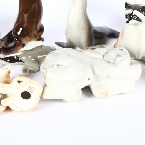 579 - A group of USSR porcelain animals, including an otter, 20cm, elephant and seal