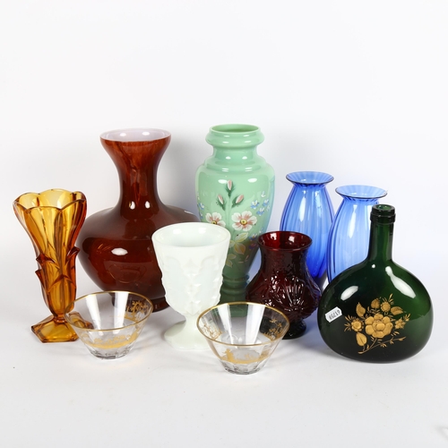 583 - Various glass, including green milk vase, height 28cm (10)