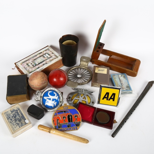 586 - Motoring badges, Bible, horn beakers, cricket balls etc