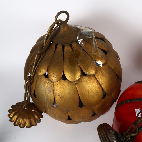 590 - Gilded metal floral design ceiling lightshade, diameter 27cm, a red petal design shade and another