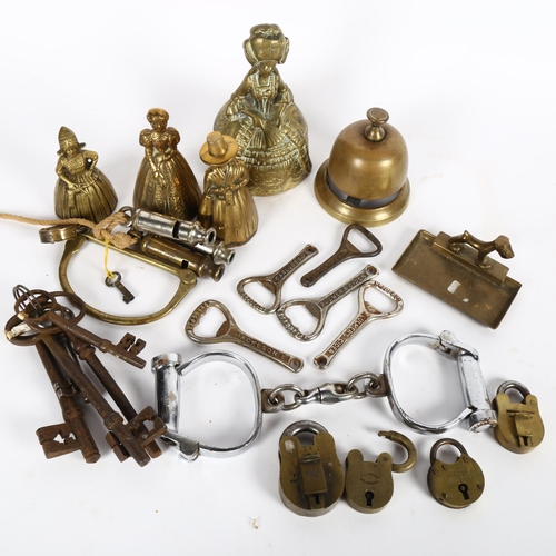 600 - Brass bells, bottle openers, Vintage whistles etc