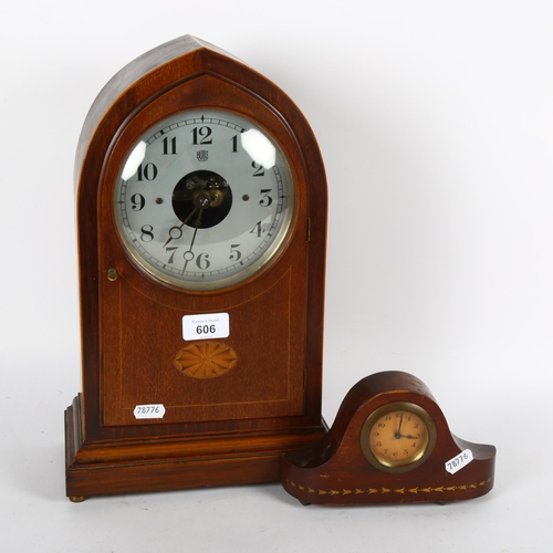 606 - A Buile lancet-top mantel clock, in inlaid mahogany case, 35cm, and a small clock