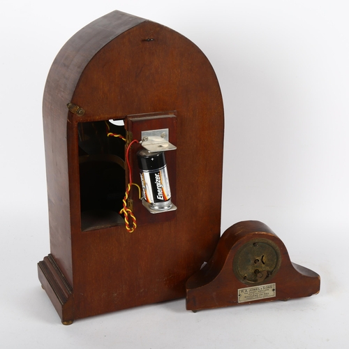 606 - A Buile lancet-top mantel clock, in inlaid mahogany case, 35cm, and a small clock