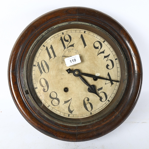 119 - A Victorian dial wall clock, with papered dial and subsidiary dial, width 35cm, complete with pendul... 