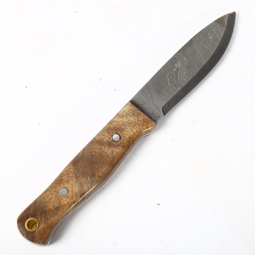 141 - A hunting knife with Damascus steel blade, and leather scabbard, blade length 10cm