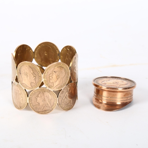 152 - 2 pieces of trench art, a small cap made from 1917 penny, and a napkin ring with farthings from 1899... 