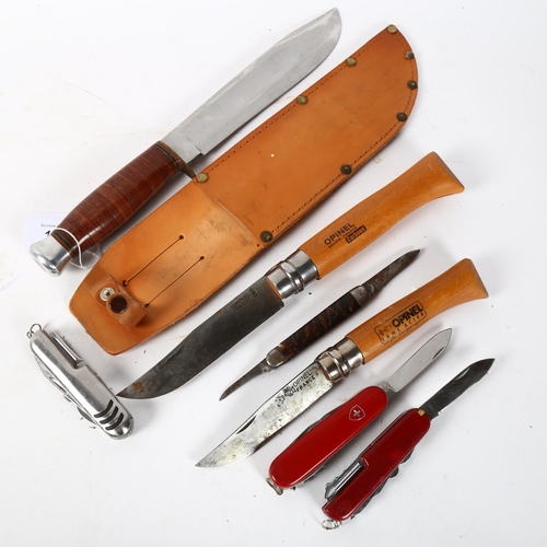 155 - A group of knives, to include a hunting knife by Cox & Co Ltd, blade length 20cm, 2 Opinel lock kniv... 