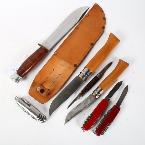 155 - A group of knives, to include a hunting knife by Cox & Co Ltd, blade length 20cm, 2 Opinel lock kniv... 