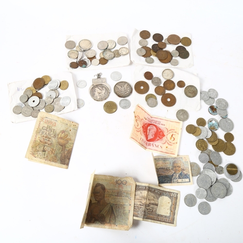 158 - Various world coins and banknotes, including 2 American silver dollars, 1880 and 1901