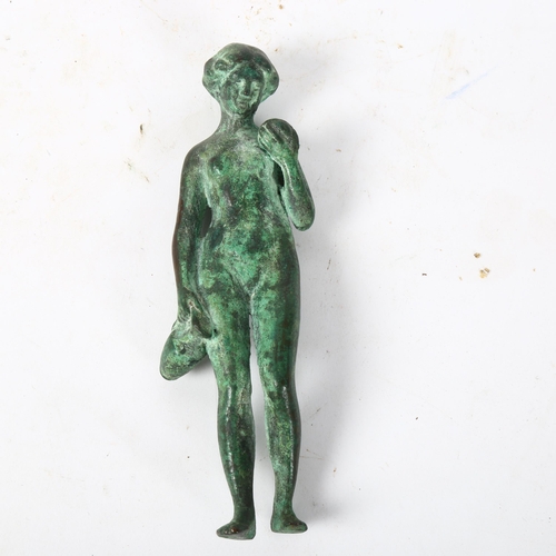 164 - Roman style verdigris bronze figure of standing woman holding a wine ewer, height 17cm