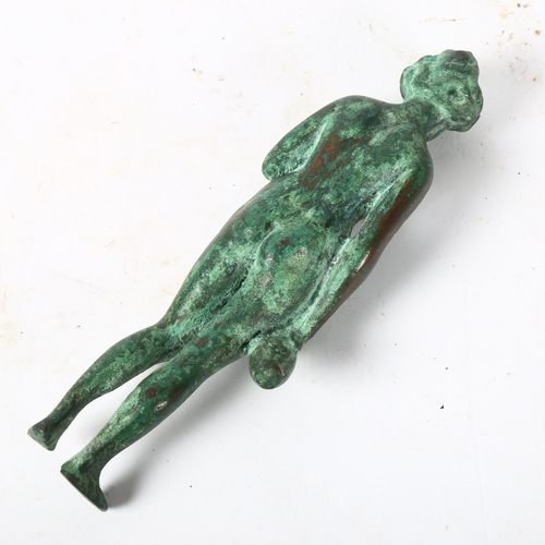 164 - Roman style verdigris bronze figure of standing woman holding a wine ewer, height 17cm