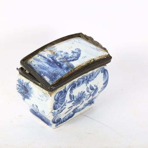 165 - 18th century Delft pottery box, with pewter mount, length 7cm, height 6cm, A/F