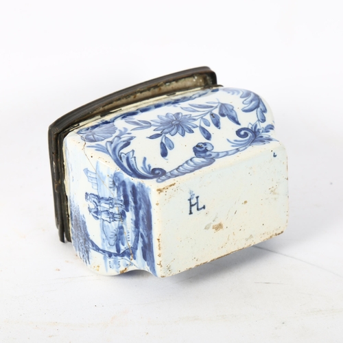 165 - 18th century Delft pottery box, with pewter mount, length 7cm, height 6cm, A/F