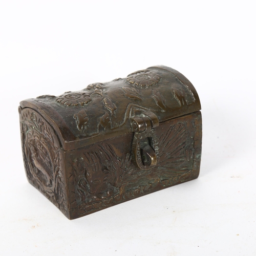 168 - A small Oriental bronze dome-top casket, with engraved embossed decoration, width 7.5cm