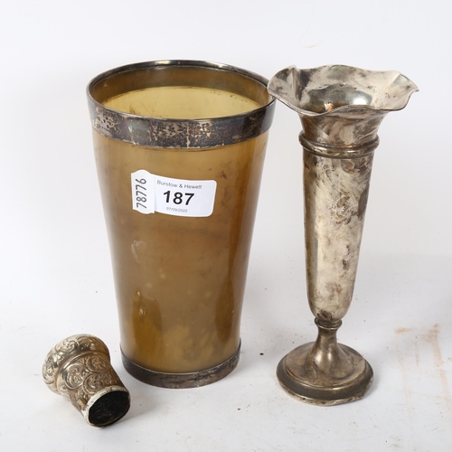 187 - A large Victorian horn and silver-mounted beaker, and a silver bud vase