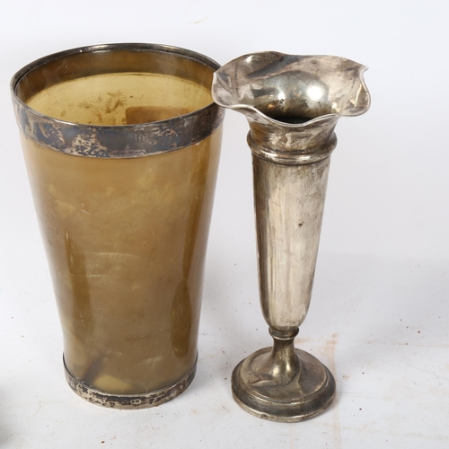 187 - A large Victorian horn and silver-mounted beaker, and a silver bud vase