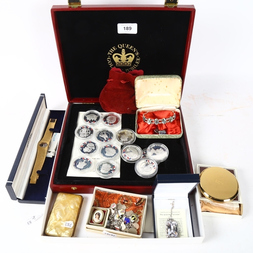 189 - A collection of 50p Jubilee encapsulated coins, a silver and enamel charm bracelet, costume jeweller... 