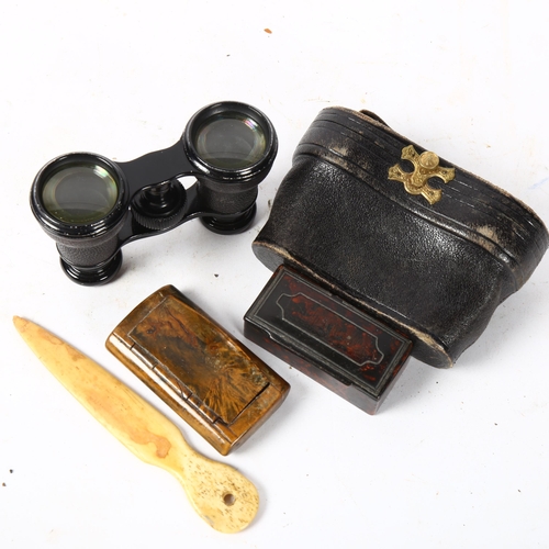 191 - Ross of London opera glasses, cased, papier mache snuffbox, burr-walnut snuff box etc