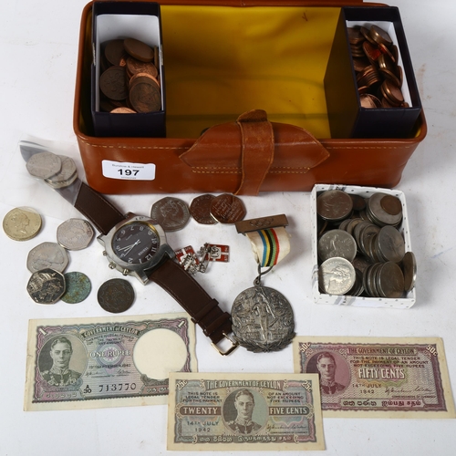 197 - A large collection of pre-decimal coins, silver badges, banknotes, wristwatches etc