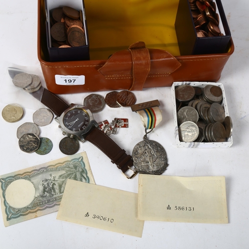 197 - A large collection of pre-decimal coins, silver badges, banknotes, wristwatches etc