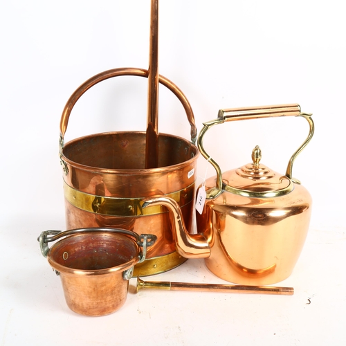 212 - A Victorian copper and brass kettle, coal bucket, hunting horn etc