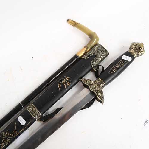 213 - A Victorian ebonised and horn-handled walking stick, and a reproduction sword