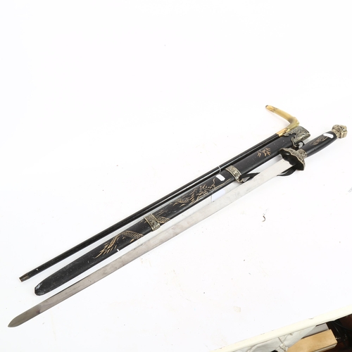 213 - A Victorian ebonised and horn-handled walking stick, and a reproduction sword