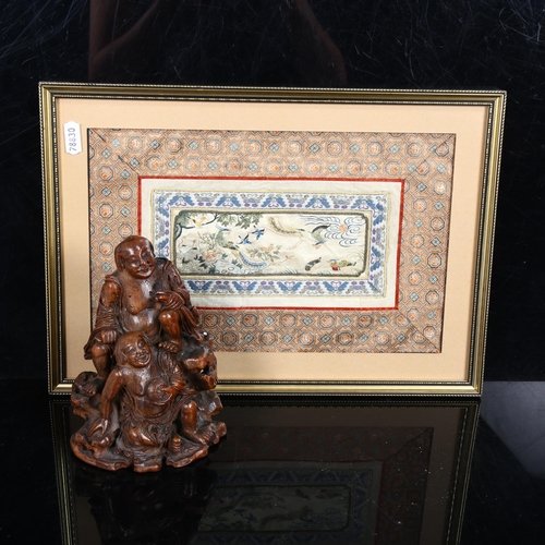218 - A Chinese embroidered silk panel, framed, and a carved wood figure of a sage, 17cm