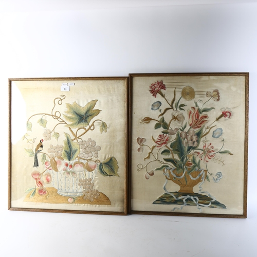 34 - A pair of 19th century needlework embroidered silk panels, still life flowers, framed, overall 57cm ... 