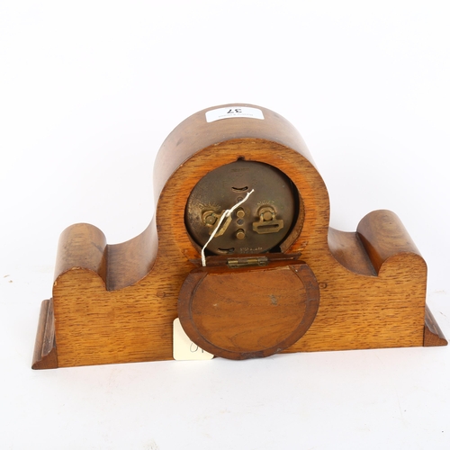 37 - J W BENSON - an early 20th century light oak drum alarm mantel clock, Arabic numerals with subsidiar... 