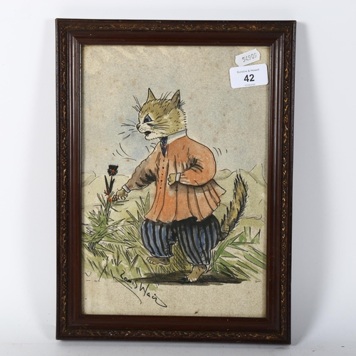 42 - Manner of Louis Wain, ink and watercolour, cat study, signed, framed, overall 33cm x 24cm