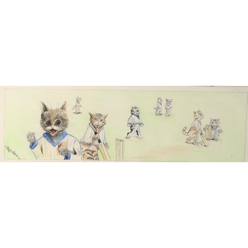 43 - Manner of Louis Wain, ink and watercolour, anthropomorphic study of cats playing cricket, signed, fr... 