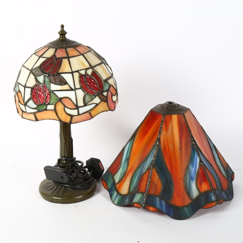 44 - A Tiffany style stained glass leadlight flame light shade, and a similar floral table lamp, height 3... 