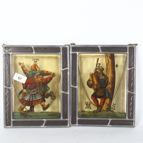 67 - WITHDRAWN - A pair of hand painted stained glass leadlight panels, with date 1514, 25cm x 20cm