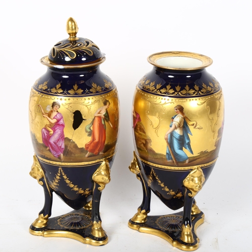 74 - A pair of Vienna porcelain urn vases, blue ground with hand painted and gilded figural decoration, m... 