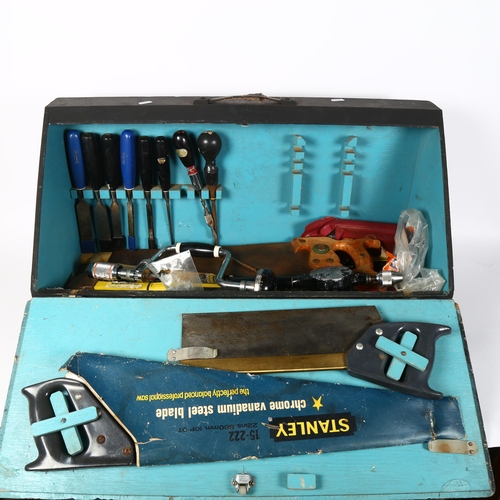 76 - A painted tool chest, filled with various tools and chisels, width 72cm