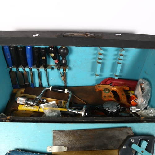 76 - A painted tool chest, filled with various tools and chisels, width 72cm