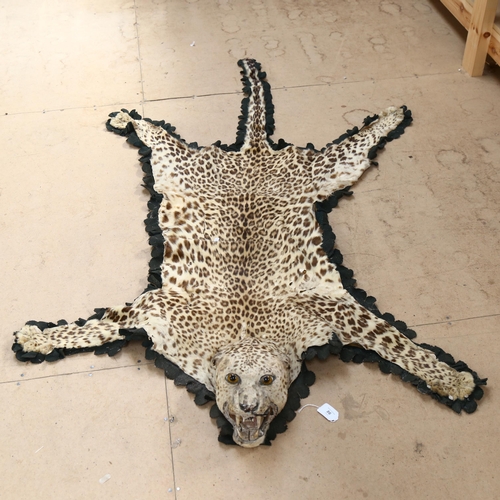 86 - TAXIDERMY - an early 20th century leopard skin rug, with head bearing teeth, on felt backing, length... 