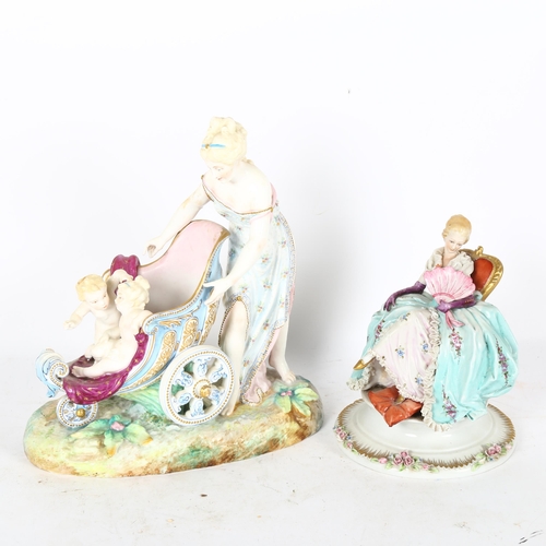 249 - A Victorian porcelain table centre, a figure with children in a chariot on a naturalistic base, with... 