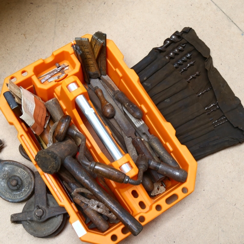 267 - A box of various hand tools, pulleys etc (boxful)