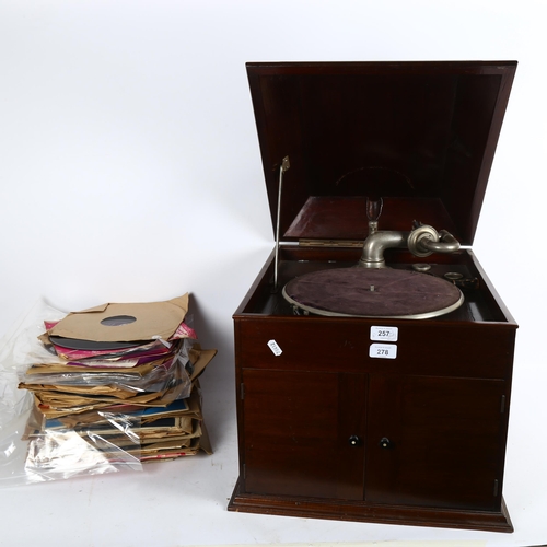 278 - A large mahogany-cased wind-up gramophone, with various vinyl records (2 boxes)