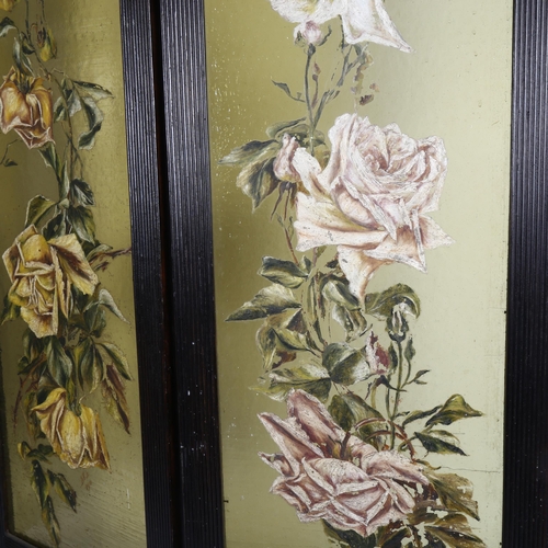 295 - 20th century framed 3-panel screen, panels are hand painted with flower design, width 93cm, height 1... 