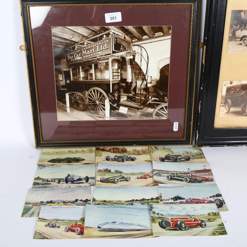 301 - 2 framed Vintage car prints, and a selection of Vintage racing car postcards