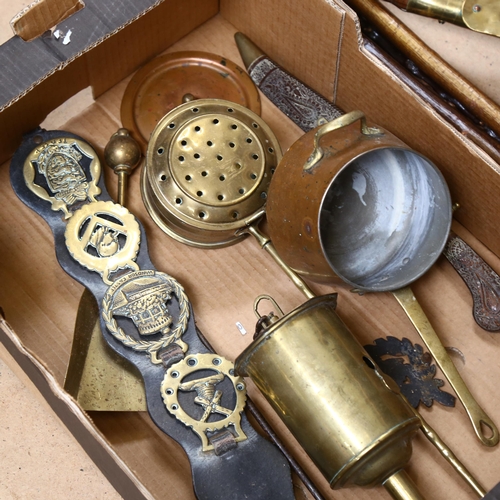 313 - Various brass and copper items, including a brass clockwork spit, brass bed warmer, Turkish dagger, ... 