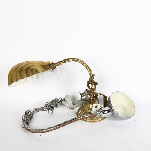 321 - A Vintage brass desk lamp with flexible stem, and a similar chromium plated lamp with desk-top fixin... 