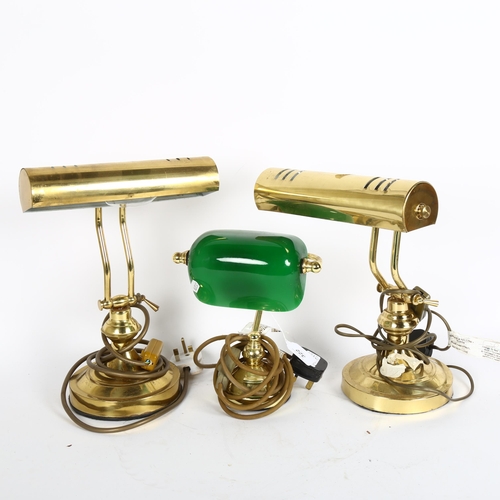 322 - A pair of brass desk lamps with adjustable brass shades, height 33cm, and a smaller lamp with green ... 