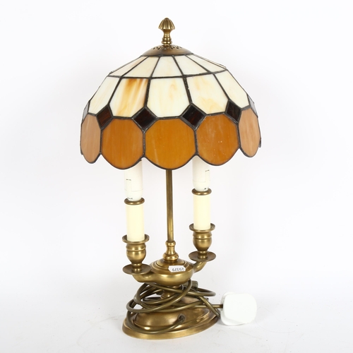 324 - A brass desk lamp with twin sconces and leadlight shade, 44cm