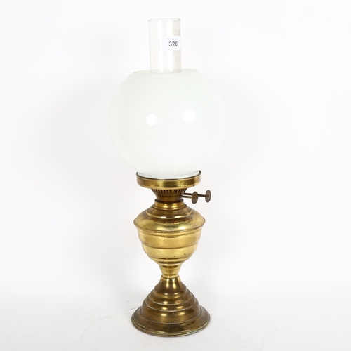 326 - Antique brass oil lamp with chimney and shade, 50cm